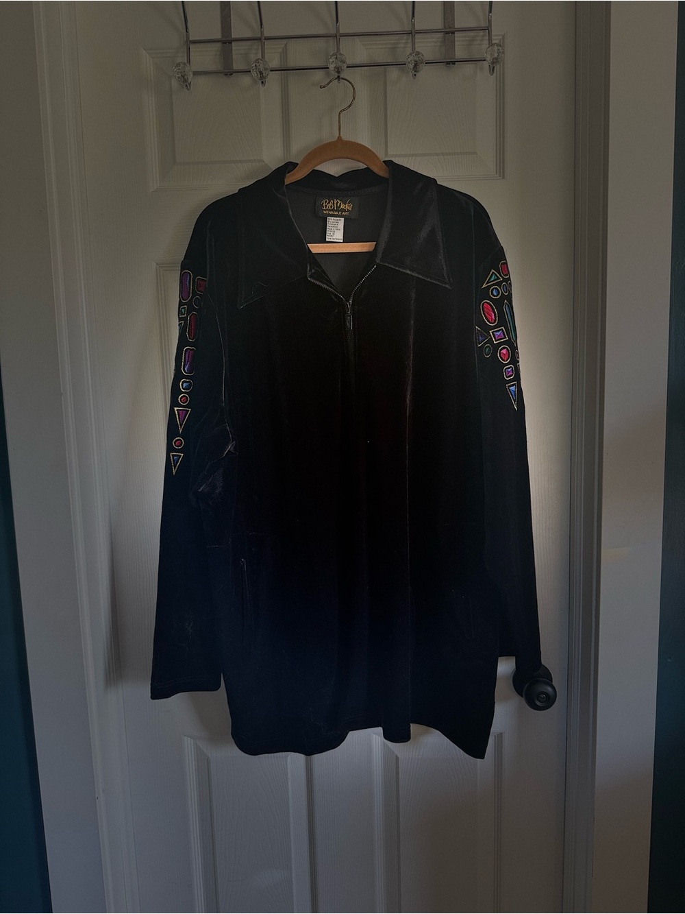 Bob Mackie Black Velvet Zip Jacket with Multicolor Geometric Sleeve Embroidery